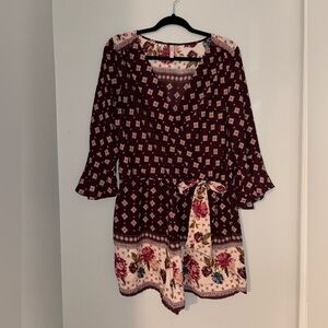 Xhilaration Burgundy and Cream Floral Romper